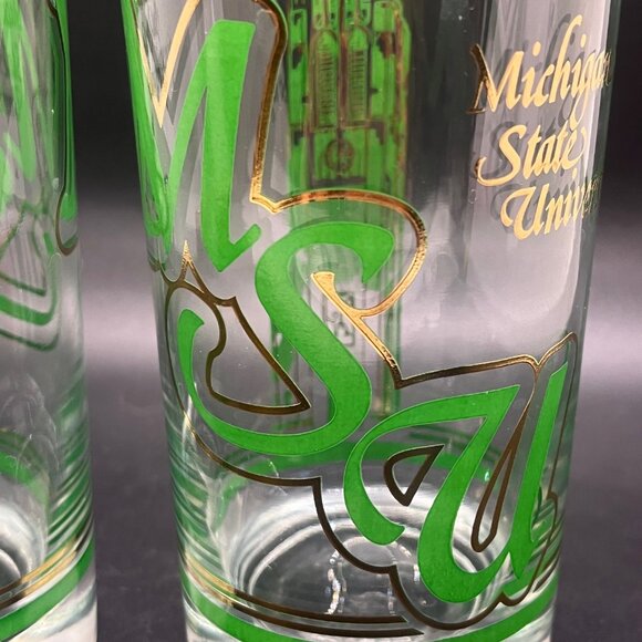 MSU Mich State Green‎ & Gold Trimmed MCM Vintage High Ball Glass Tumblers Set 2 - Picture 2 of 9